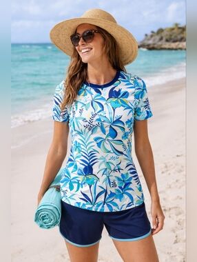 Tommy Bahama Tropical Swirl Rash Guard Top Women’s L Blue Blue White Swim